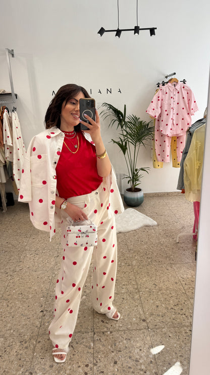 White & Red Polka Denim Set