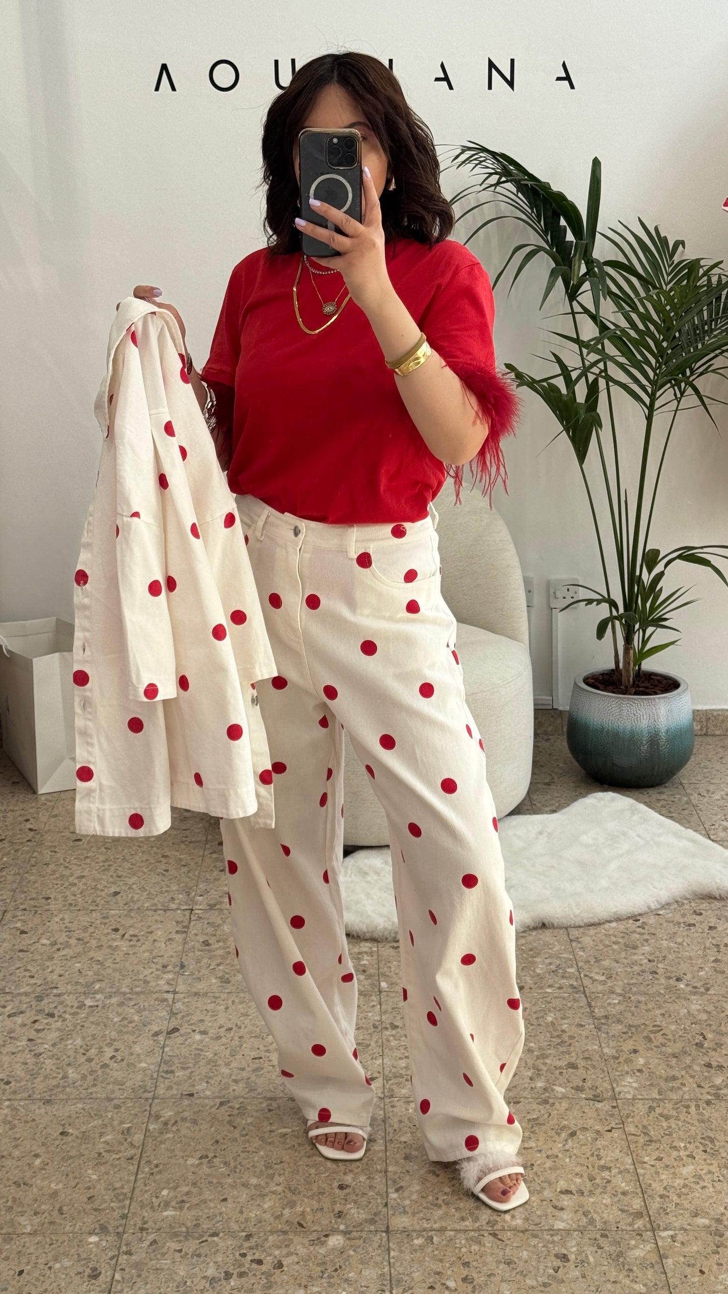 White & Red Polka Denim Set