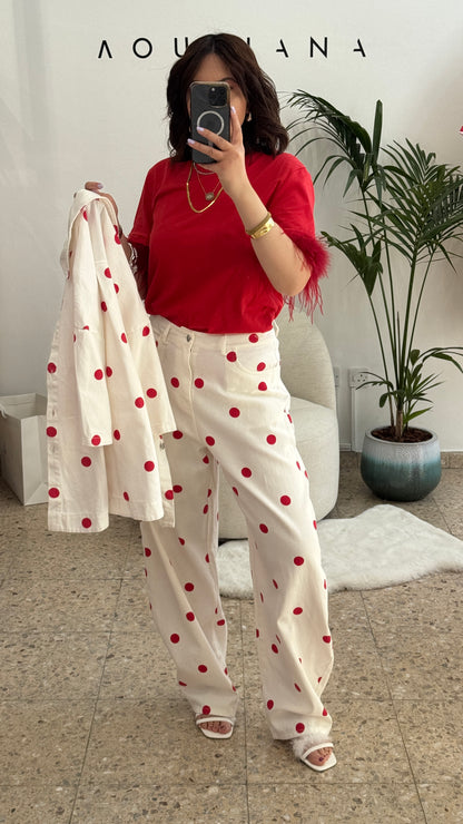 White & Red Polka Denim Set