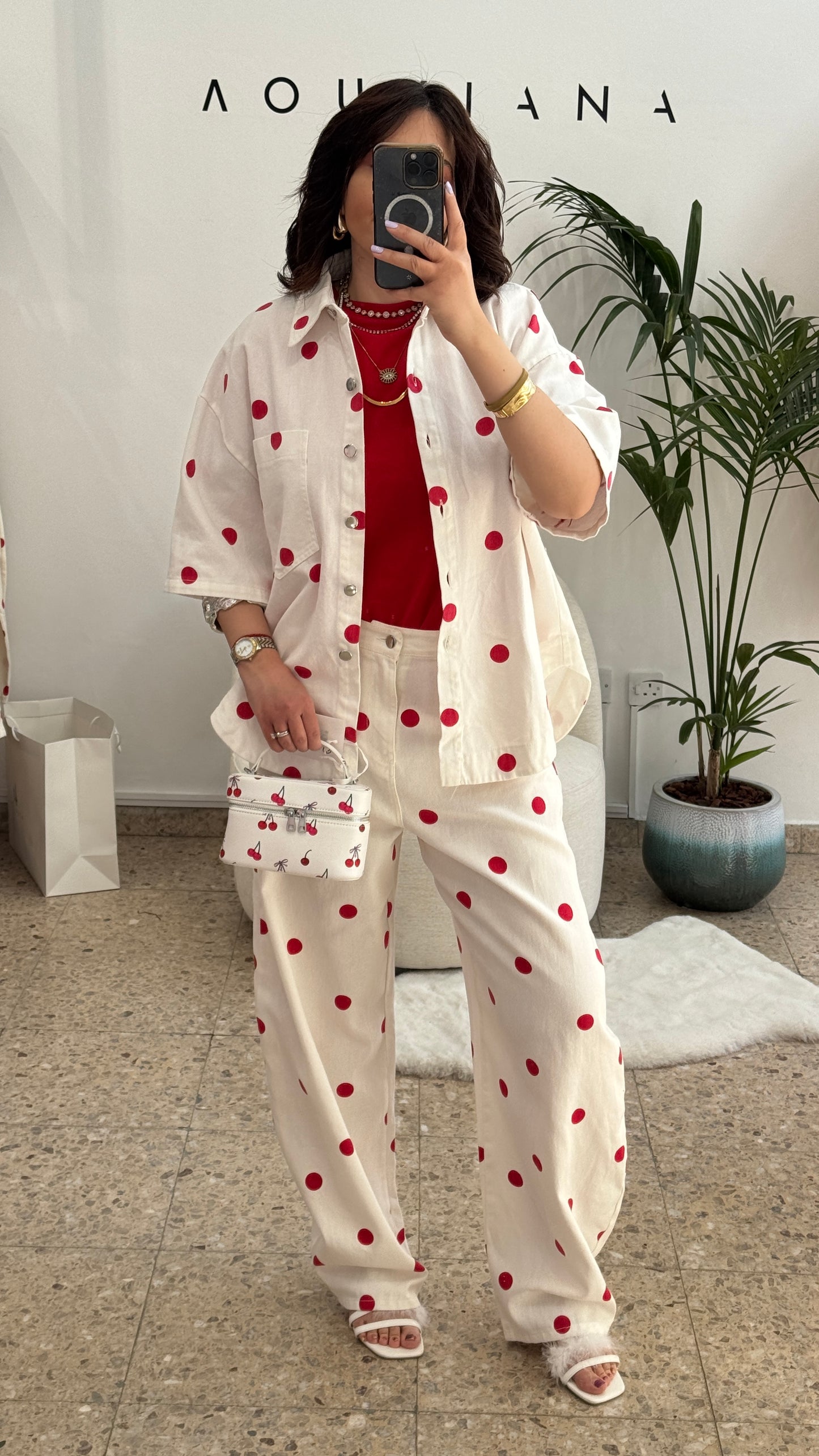 White & Red Polka Denim Set