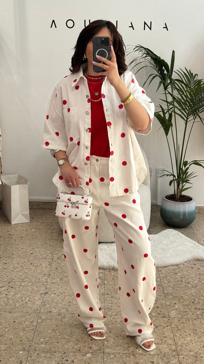White & Red Polka Denim Set