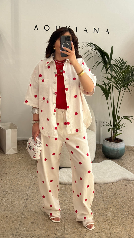 White & Red Polka Denim Set