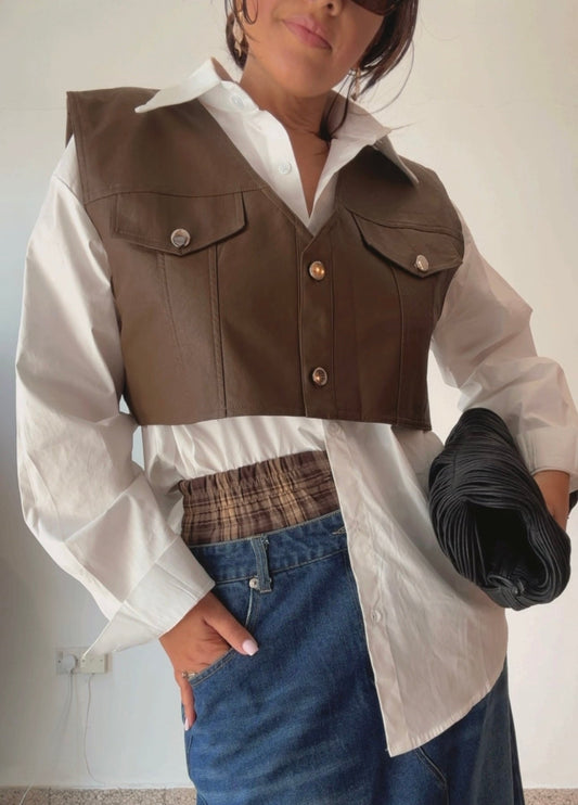 Shirt with Cropped Vest in Brown
