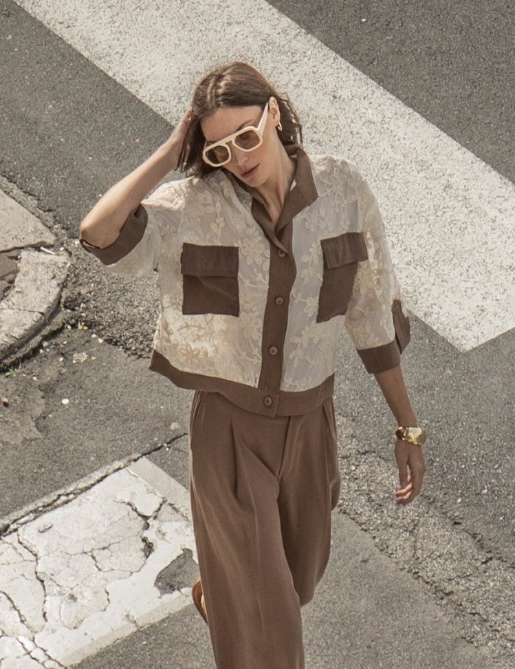 Flower Shirt in Beige & Brown