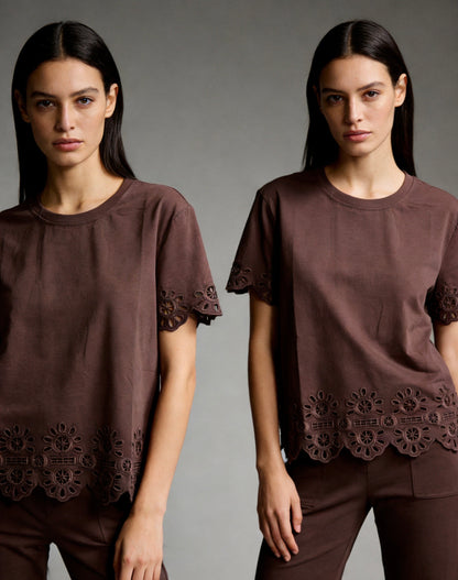Broderie T-Shirt in Brown