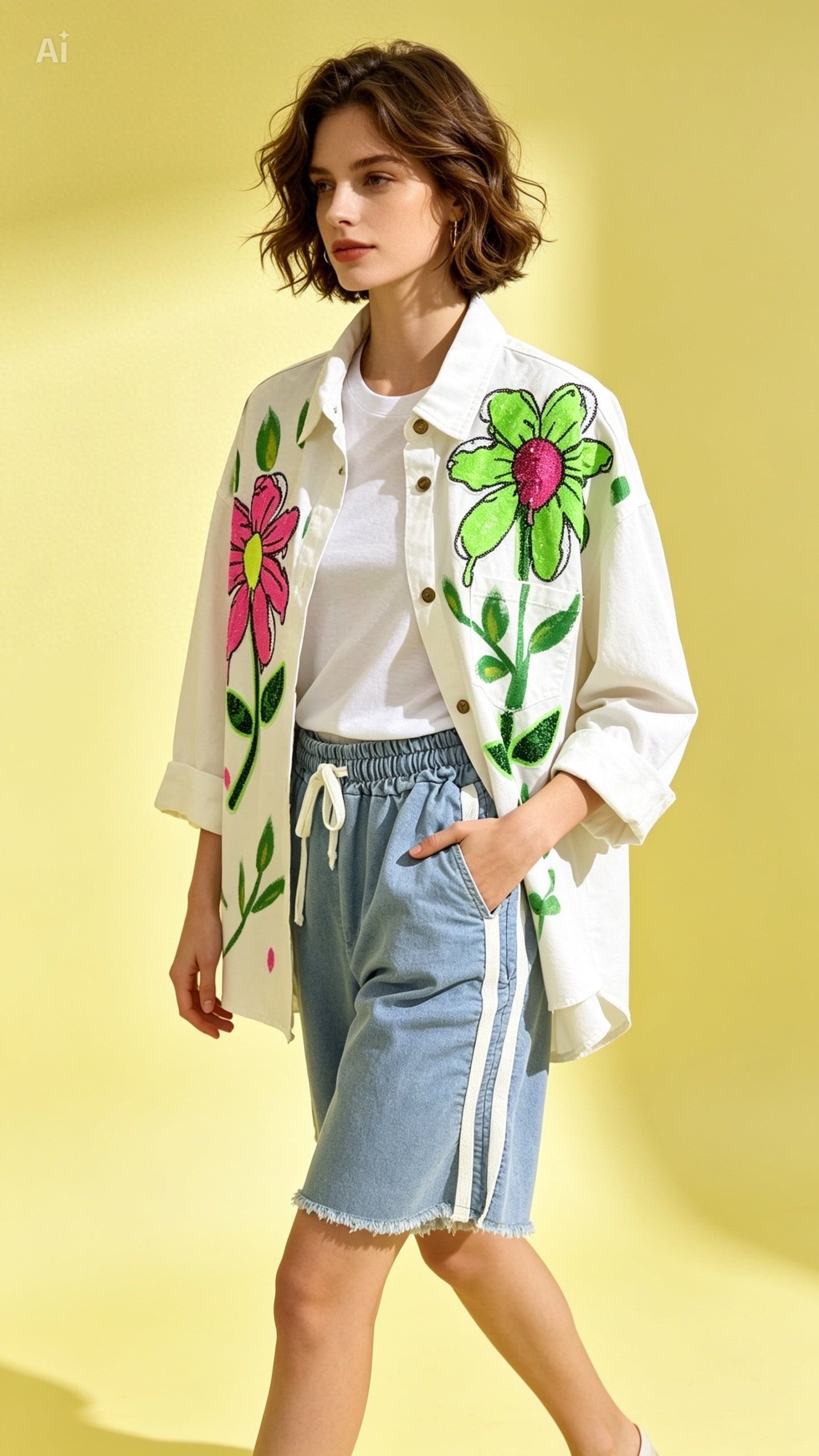 Denim Flower Shirt in Cream