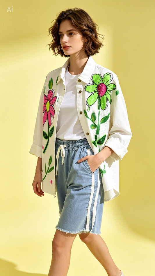 Denim Flower Shirt in Cream