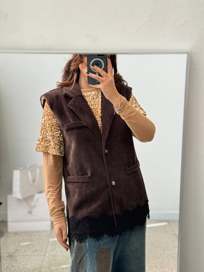 Brown Gilet with Lace Detail