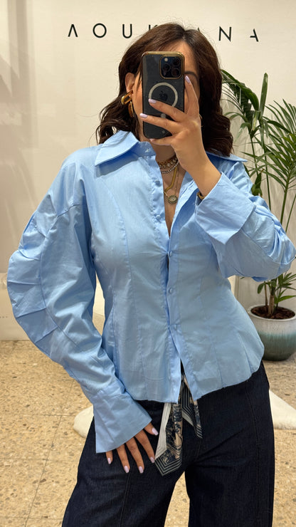 Balloon-Sleeve Shirt in Light Blue