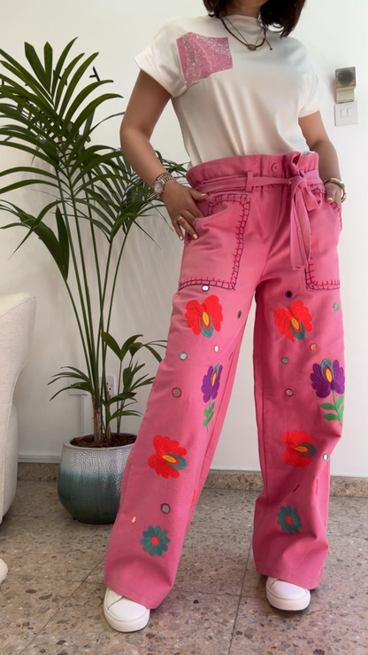 Embroidered Flower Trousers in Pink