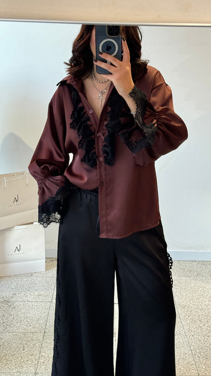Shirt with Lace Details in Bordeaux