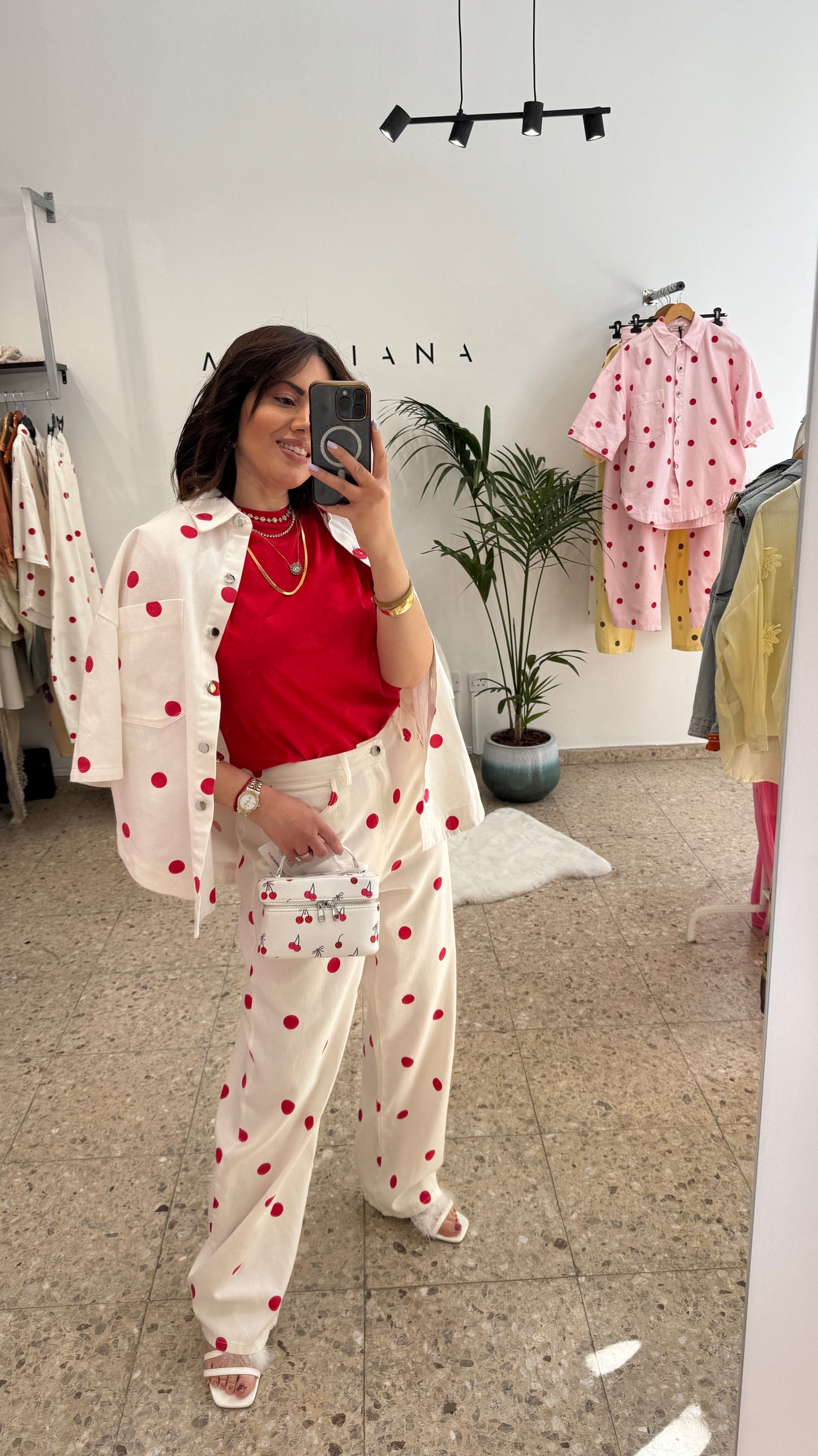 White & Red Polka Denim Set