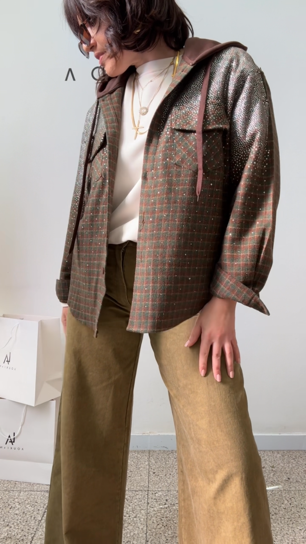 Hooded Shirt in Checkered Print