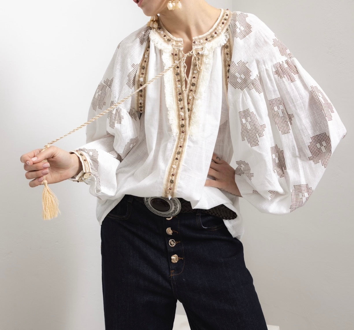 Boho Blouse with Tassel Ties in White