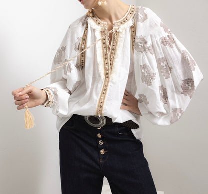 Boho Blouse with Tassel Ties in White