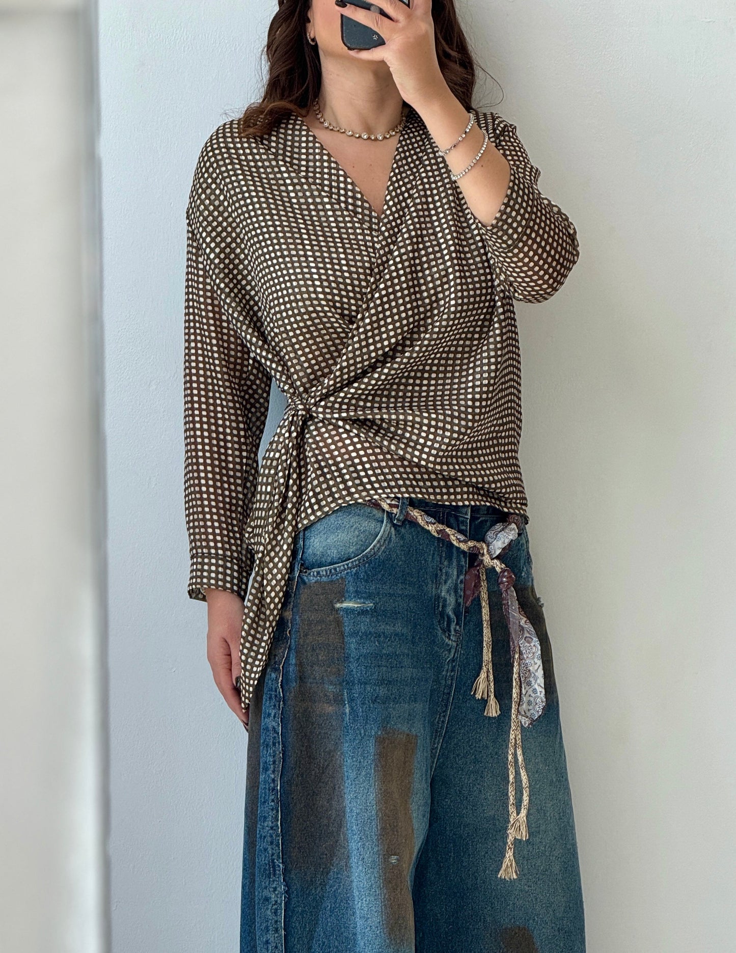 Wrap Top in Olive Green & White