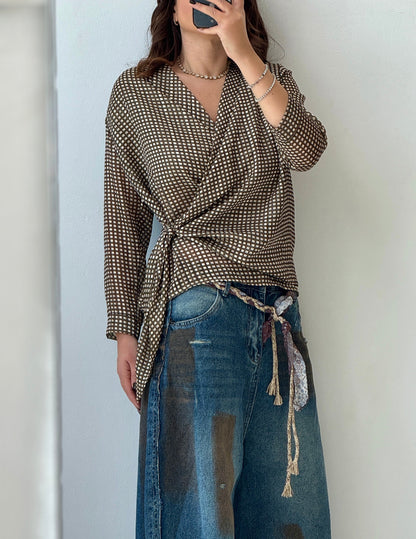 Wrap Top in Olive Green & White