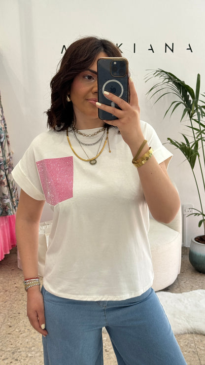 White T-Shirt with Pink Pocket