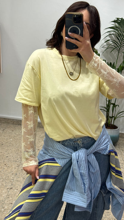 Yellow T-Shirt with Lace Sleeves