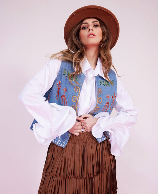 Denim Vest with Colorful Print