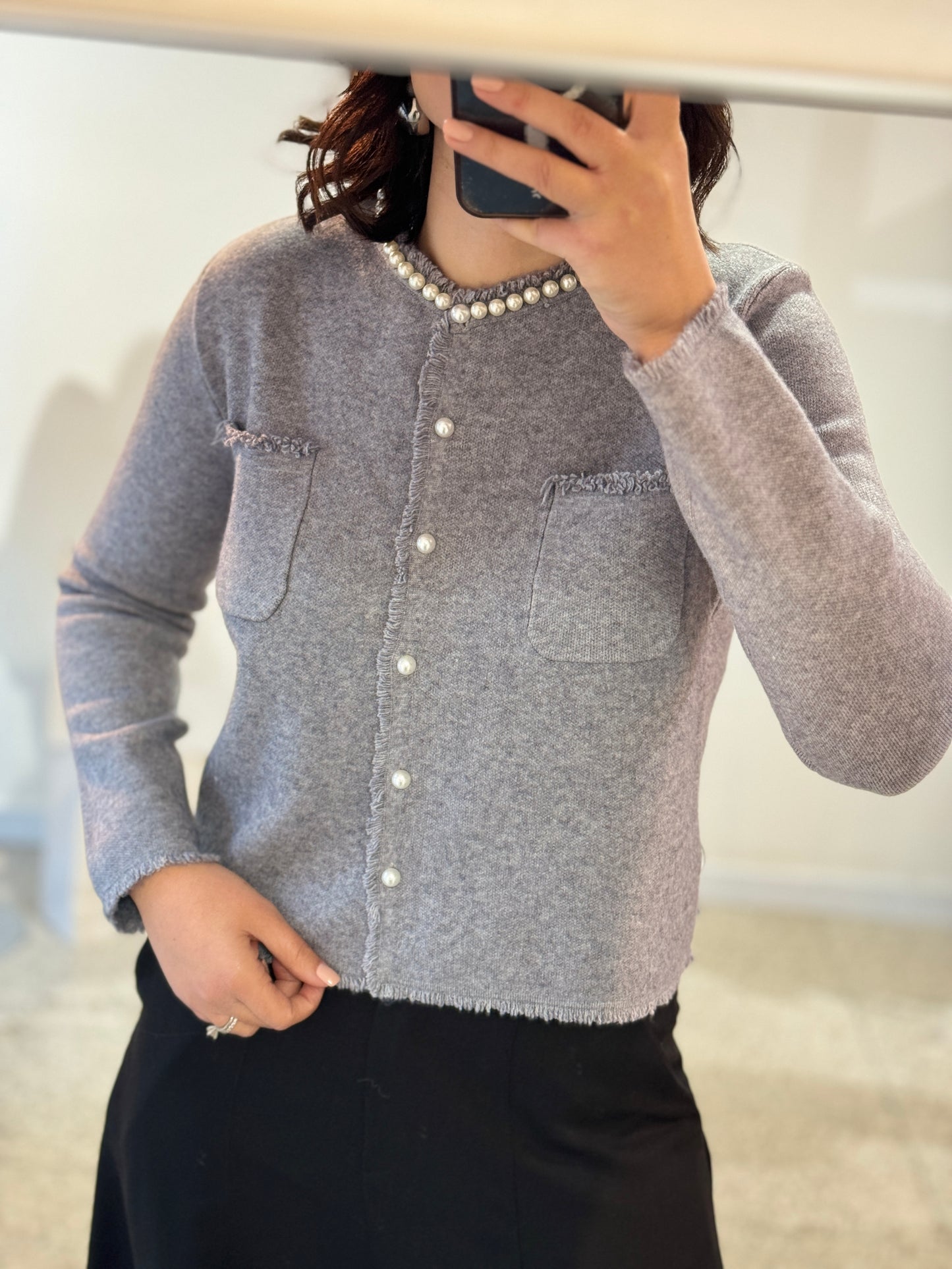 Gray Cardigan with Pearls