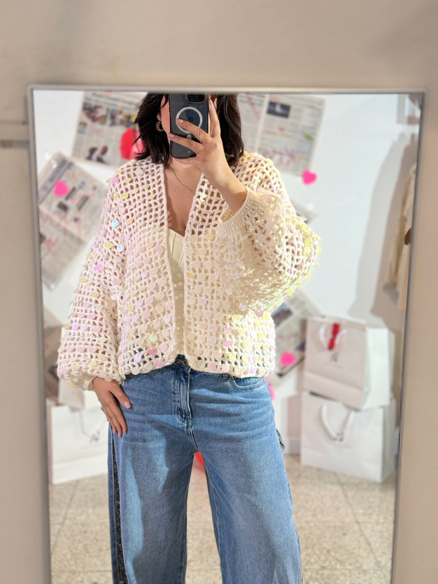 Cardigan in Cream with Colorful Sequin