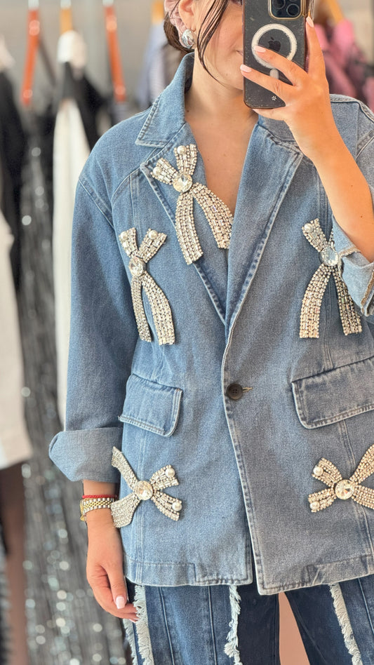 Denim Blazer with Bow Details