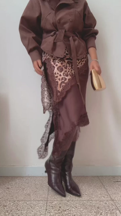 Satin Skirt with Lace Details in Brown